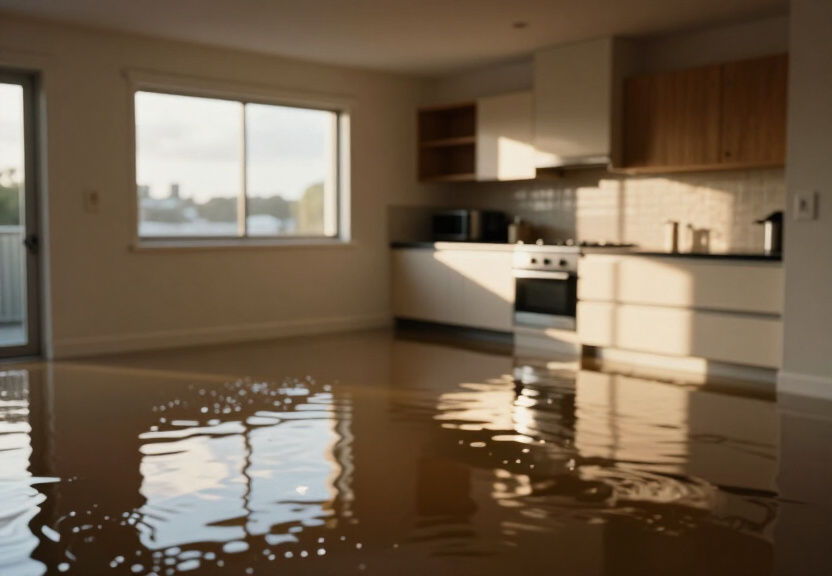 Water-damaged Canterbury apartment before drying